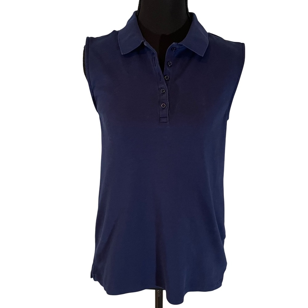 Lands End Womens Sleeveless Polo Shirt Navy Blue Cotton Pique S 6-8 Buttery Soft